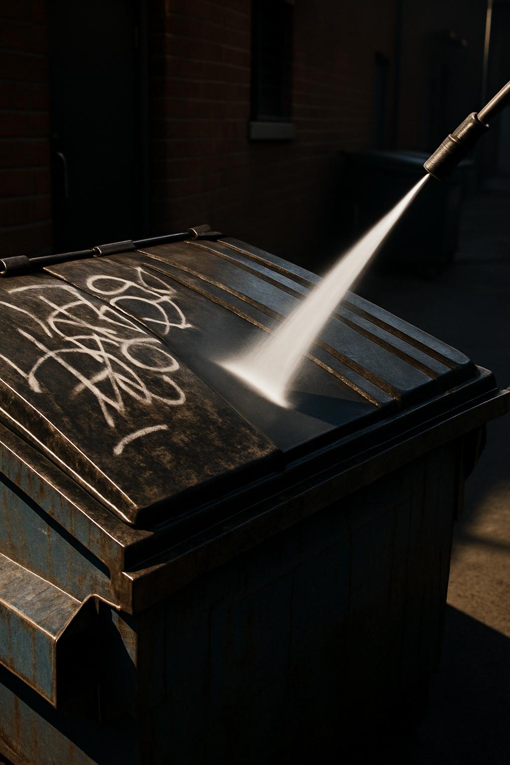 A pressure washer is directed at a dumpster to clean off graffiti, with the hose forming a thin stream of spray directed a...