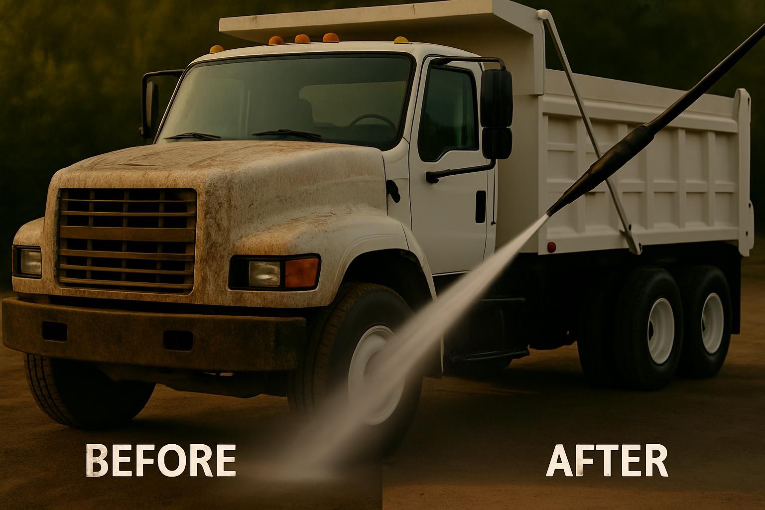before and after cleaning picture of a big work truck